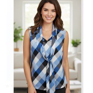 Nine West Sweet Escape Blouse NWT Tie Neck Blue Plaid Check Sleeveless Top 3XL